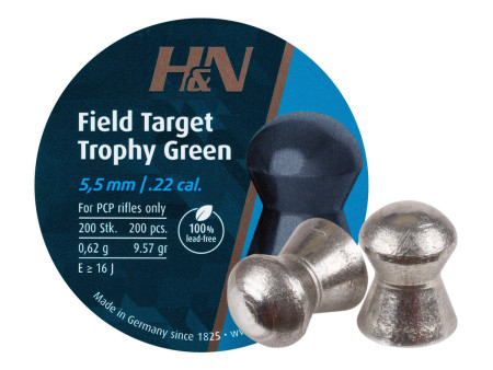 H&N Field Target Trophy Green, .22 Cal, 9.56 Grains, Domed, Lead Free, 200ct