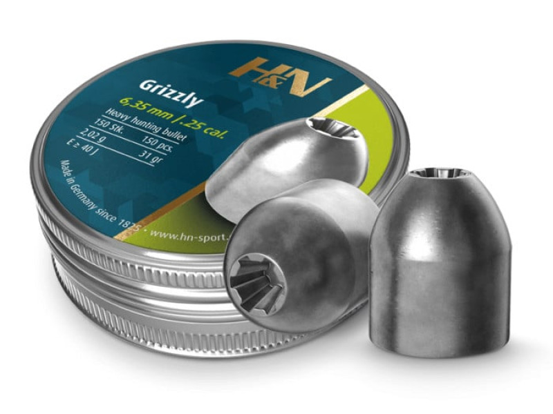 H&N Grizzly Pellets, .25 Cal, 31 Grains, Hollowpoint, 150ct