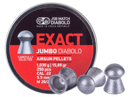 JSB Match Exact Jumbo Diabolo Pellets, .22 Cal, 15.89 Grains, Domed, 250ct, 5.51mm